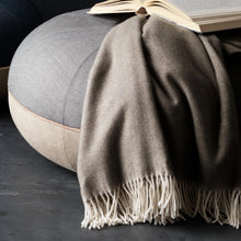 Cargar imagen en el visor de la galería, Gray blanket draped over a round ottoman with an open book on top