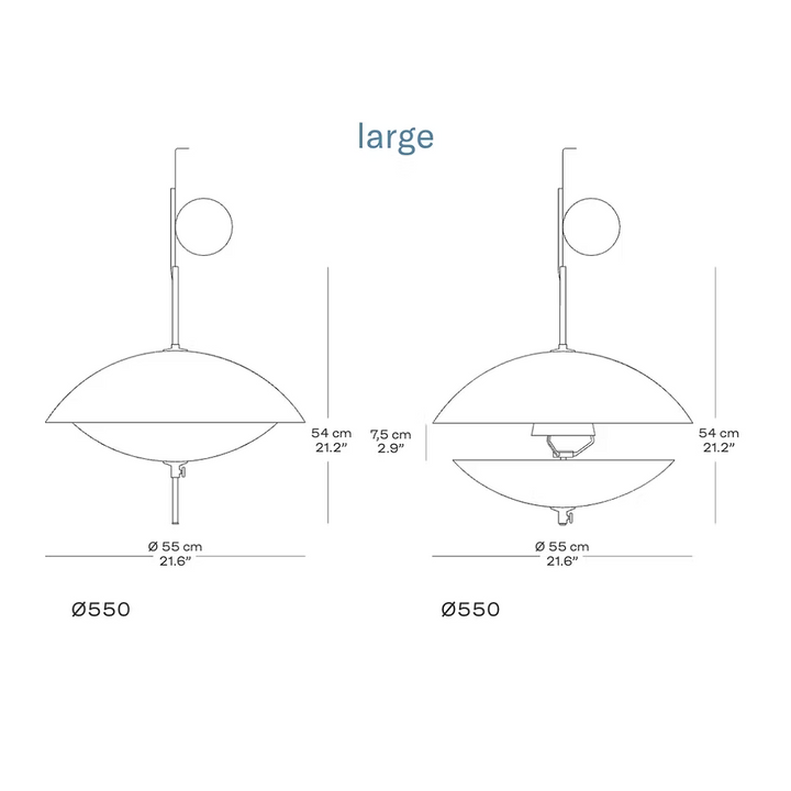 Technical drawing of a large pendant light with dimensions