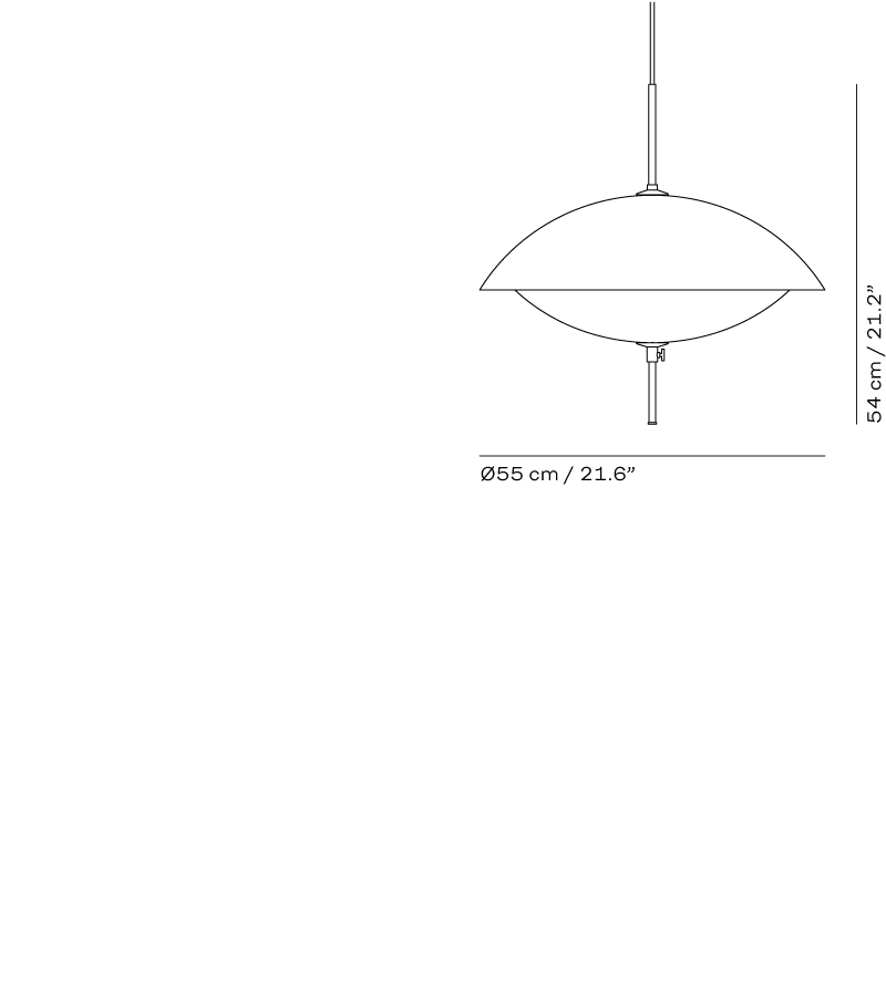 Pendant light with dimensions on a white background
