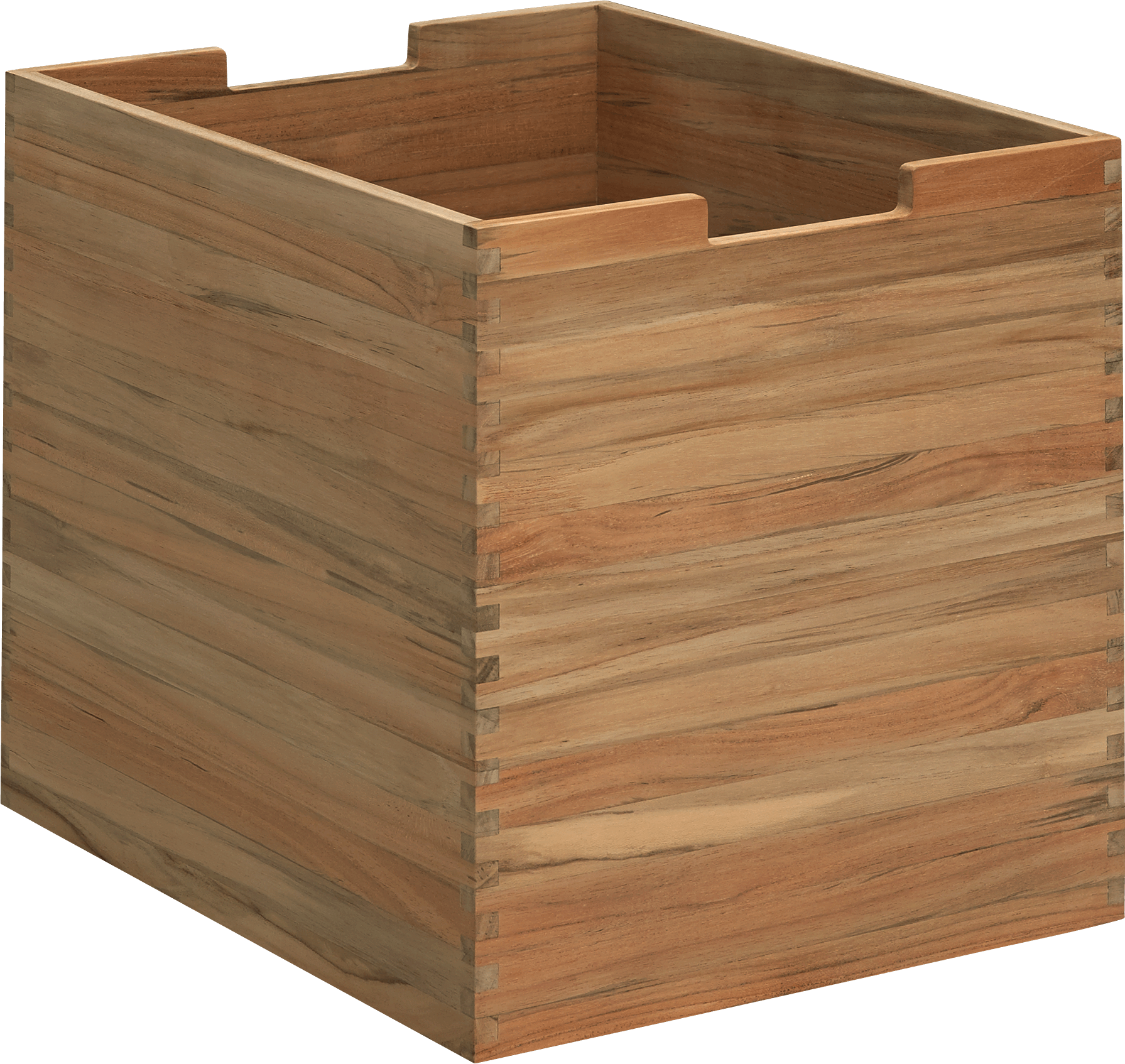Wooden planter box with a natural finish on a black background