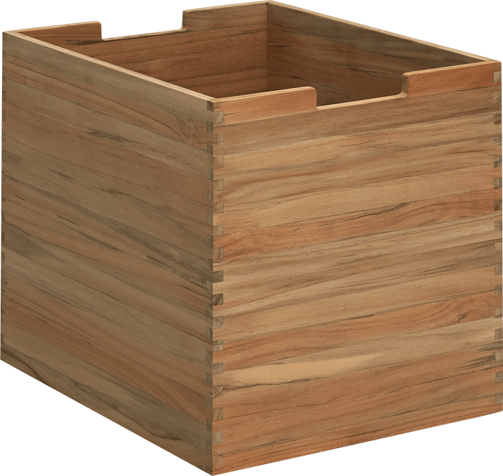 Wooden planter box with a natural finish on a black background