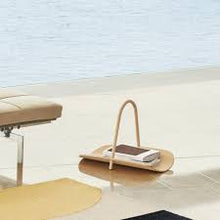 Cargar imagen en el visor de la galería, Wooden stool with a phone on a light blue wall background

