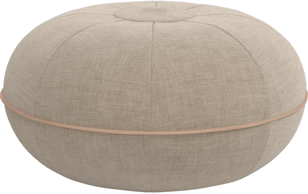 Round beige ottoman with a brown trim on a white background