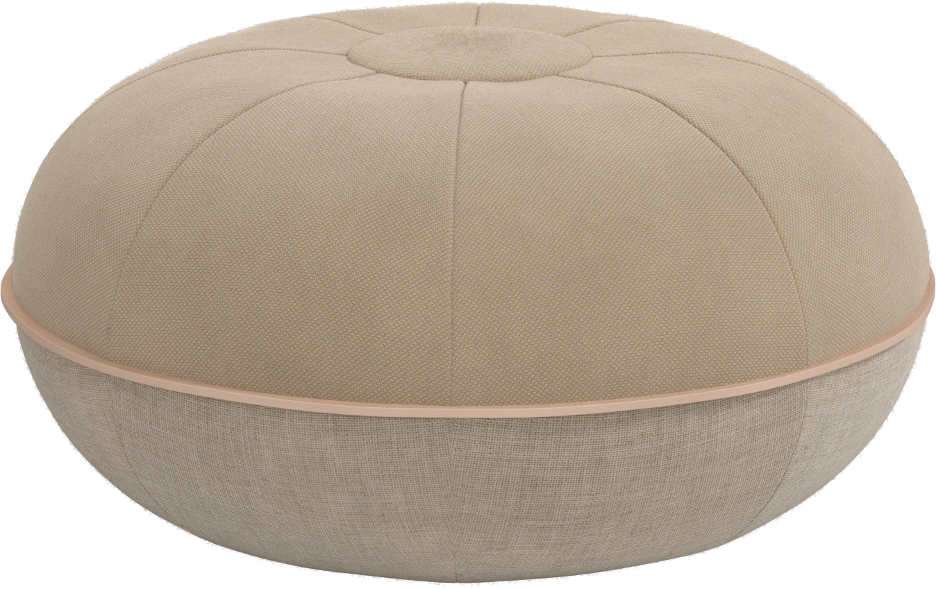 Round beige ottoman with a contrasting band on a white background