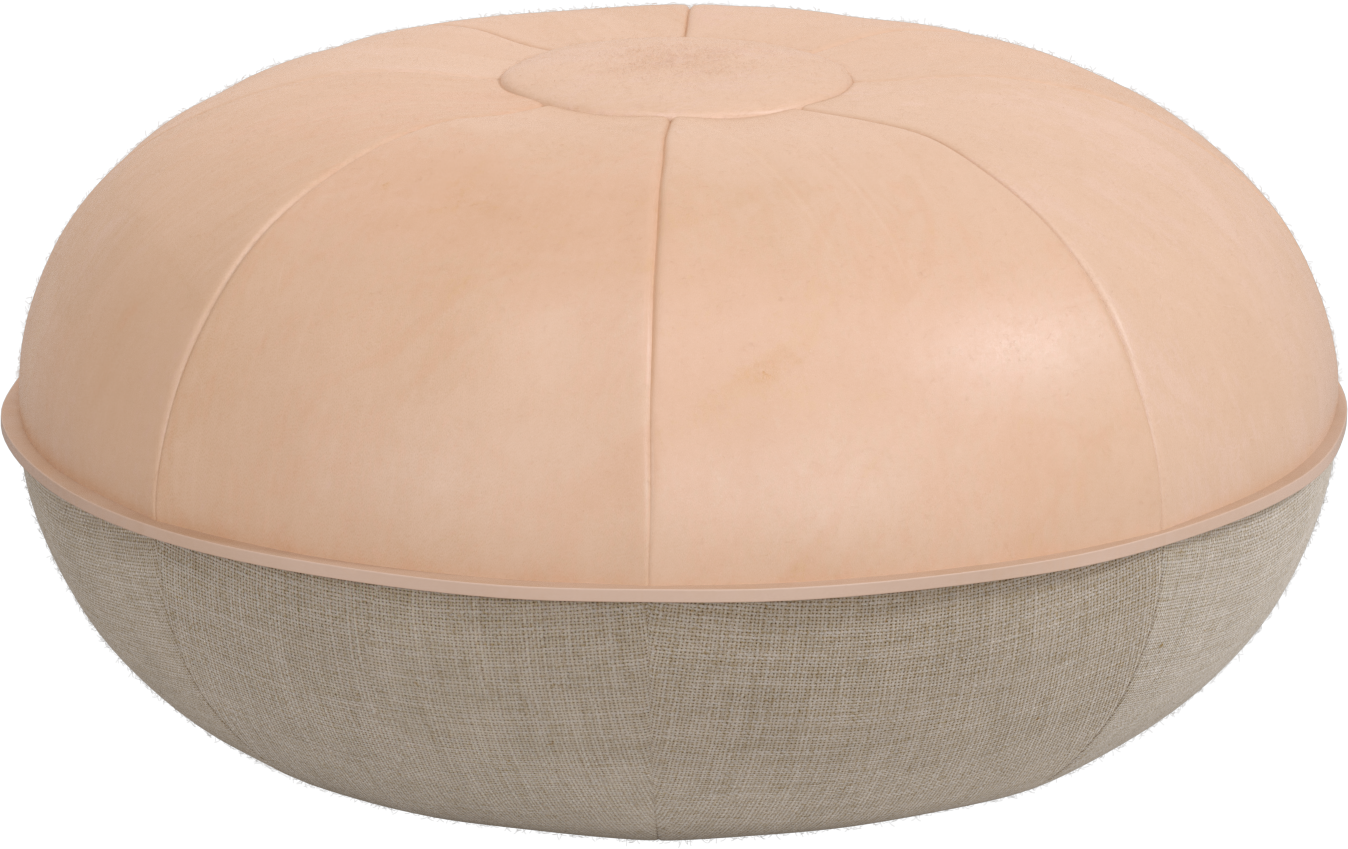 Round ottoman with beige top and gray bottom on a white background