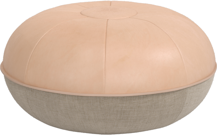 Round ottoman with beige top and gray bottom on a white background