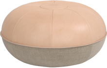 Cargar imagen en el visor de la galería, Round ottoman with beige top and gray bottom on a white background
