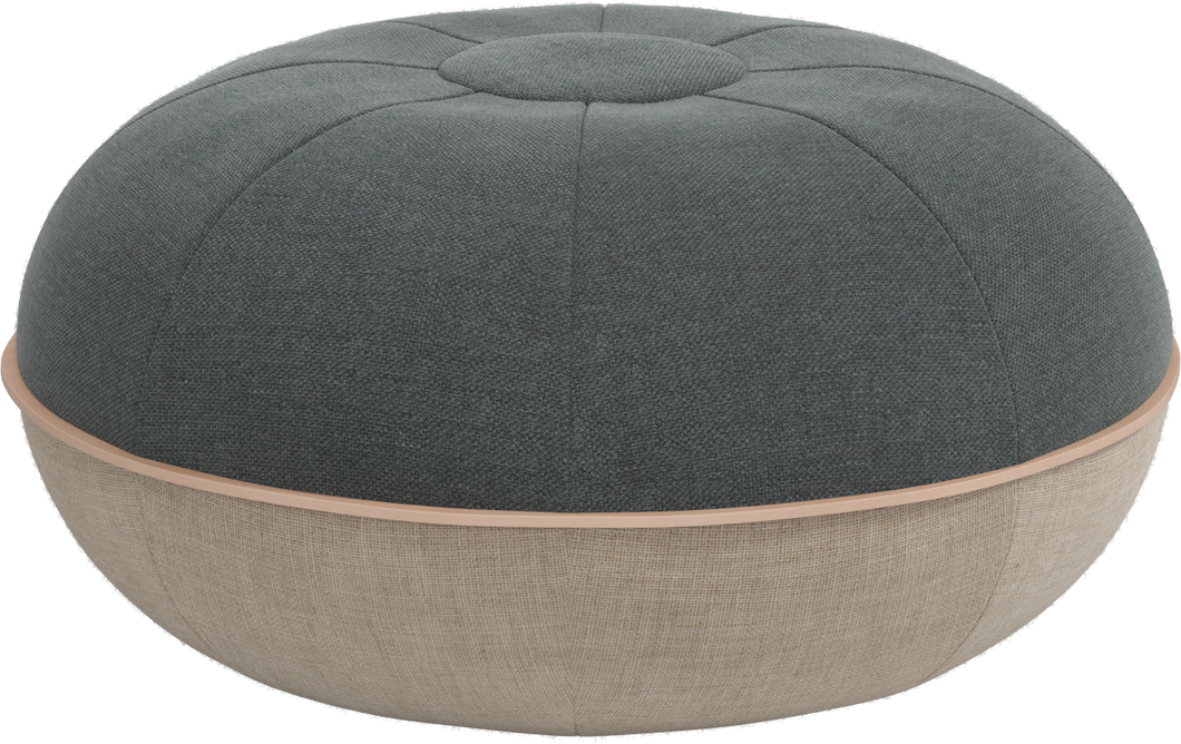 Round ottoman with two-tone fabric design on a white background