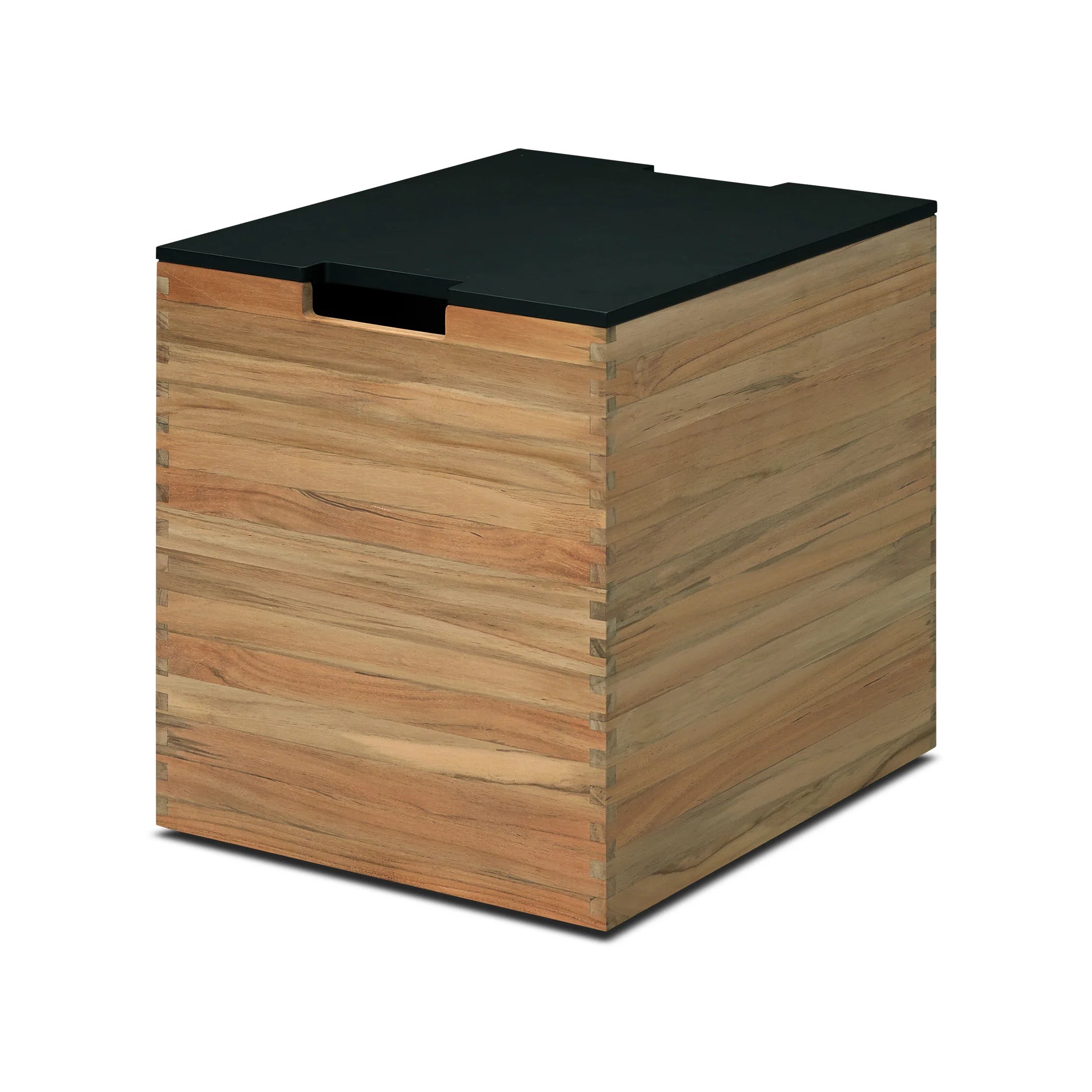 Wooden side table with black top on a white background