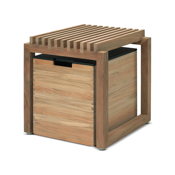 Wooden outdoor stool with slatted design on a white background